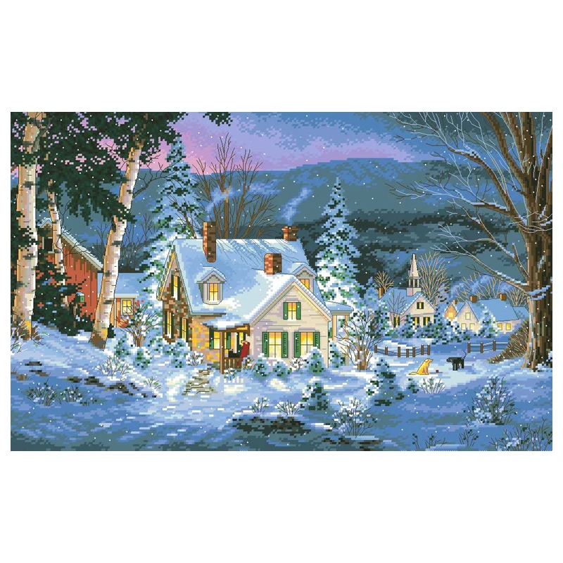 Top Quality Beautiful Lovely Conted Cross Stitch Kit Winter Hush Silence Hivernal Hill House Winter Snow Night Dim 08862