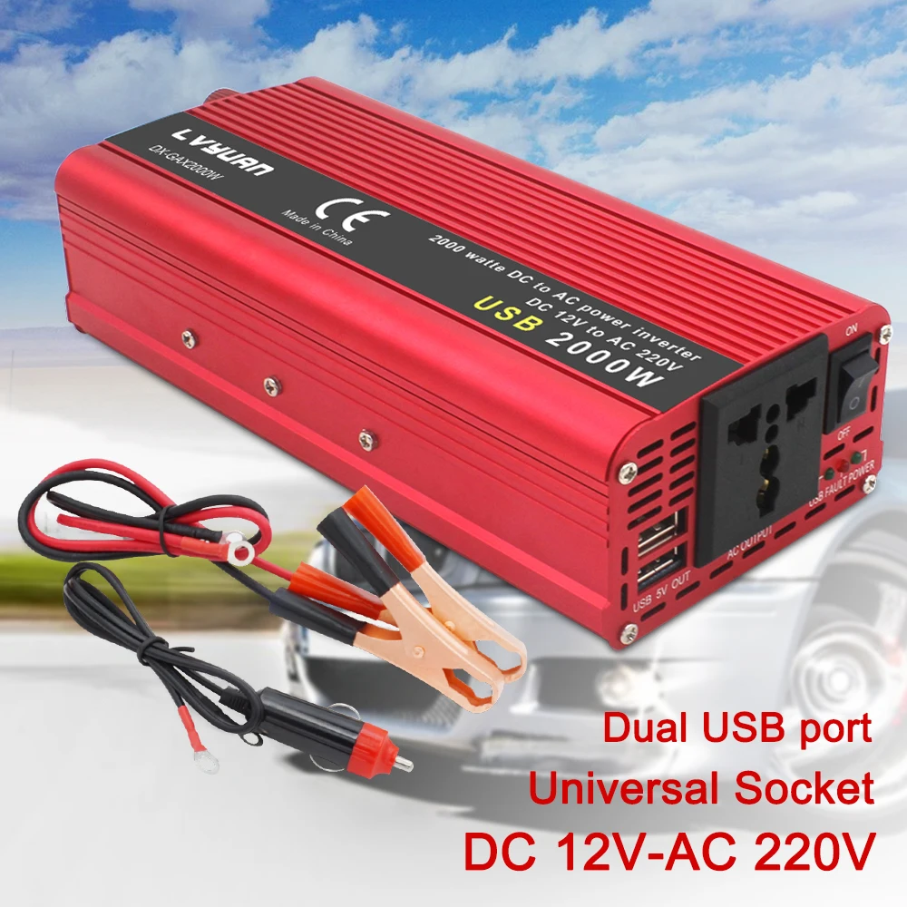 Inverter 12V 220V 2000W Inverter Da Campeggio Spina Universale Full Power 2Usb Inverter Inverter Solare Per Luce Natalizia