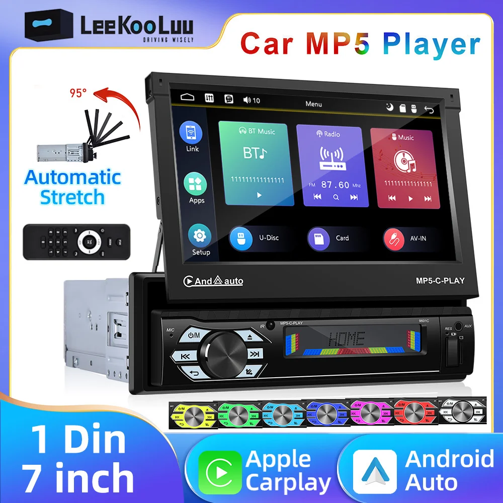 Leekooluu 1 Din Autoradio Carplay Android Auto Radio 7 ''Schermo Retrattile Auto Flip-Out Car Multiemdia Mp5 Player 1Din Stereo