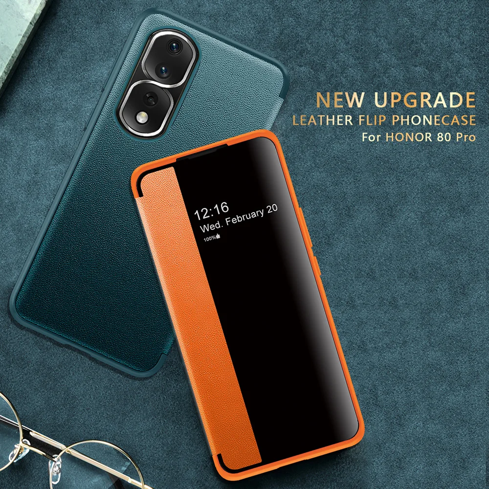 Custodia In Pelle Pu Flip Per Honor 80 Pro Phone Windows View Book Cover Per Honor 80Pro Flip Case Camera Protect Funda Skin Touch