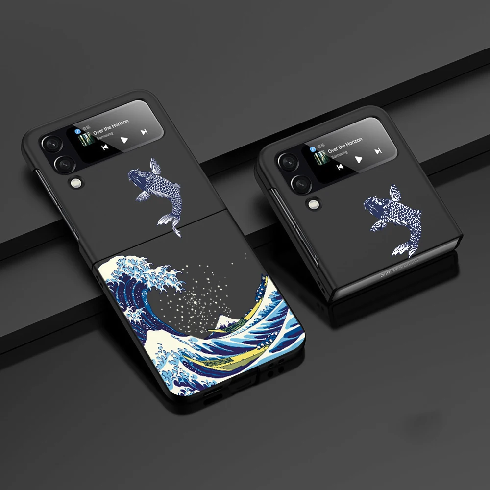Per Samsung Galaxy Z Flip 5 4 3 2 1 5G Custodia Liquid Pc Oil Matte Cute Pattern Cat Fish Crane Custodia Rigida Antiurto Guscio Pieghevole