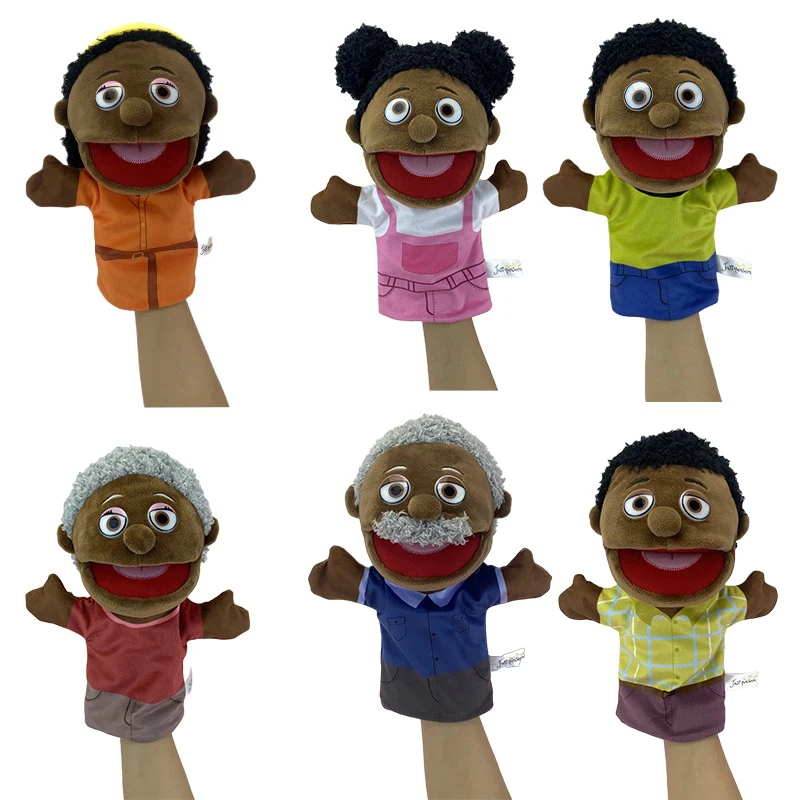 1/2/6 Pz Pelle Nera Membro Della Famiglia Burattino A Mano Bocca Aperta Guanto Farcito Gioco Di Ruolo Toy Story Telling Prop Mom Ventriloquist Muppet