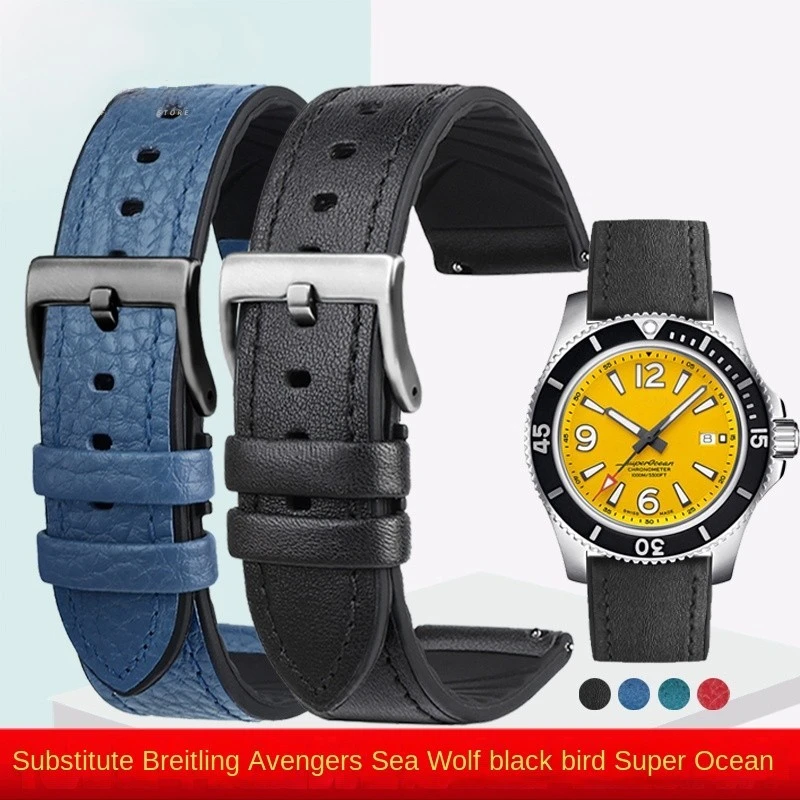 Sgancio Rapido Per Breitling Avenger Seawolf Blackbird Cinturino In Vera Pelle Da Uomo 22Mm Cinturino Inferiore In Silicone Impermeabile