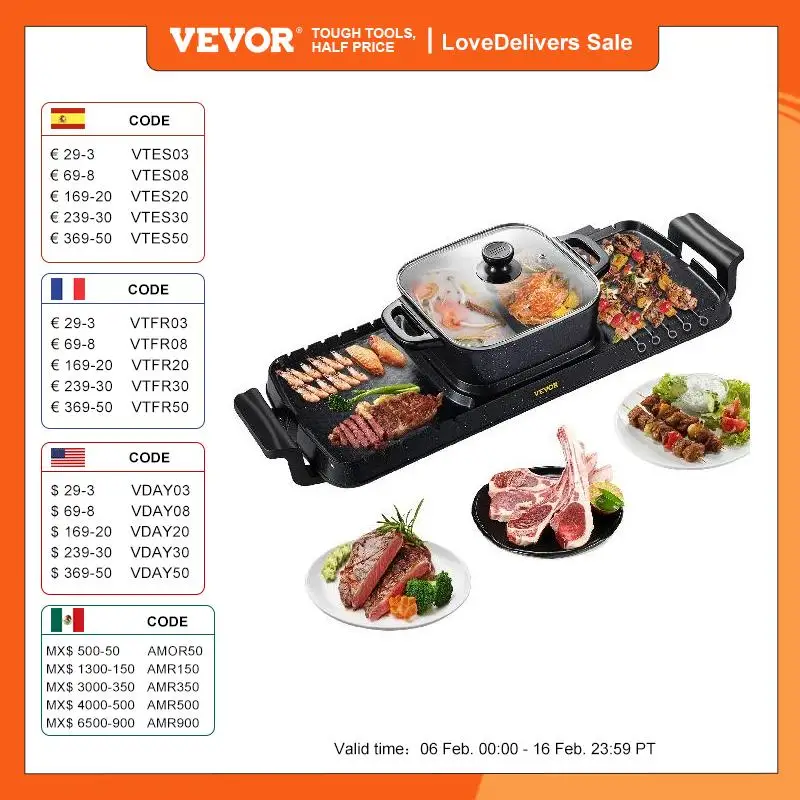 Vevor Pentola Calda 800W Piastra Grill Elettrica 1600W Da Tavolo Bbq Festa Uso Casalingo 2400W, Hotpot Elettrico Con Piastra Doppia Grill Da Banco Per
