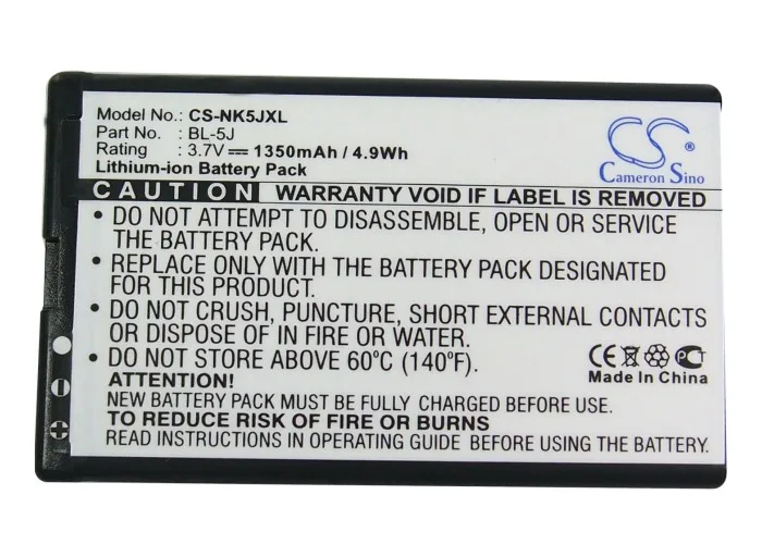 Batteria Cameron Sino 1350Mah Di Alta Qualità Bl-5J Per Nokia 5230,5800 Navigation Edition, 5800 Xpressmusic, 5800T,5900 Xpressmusic