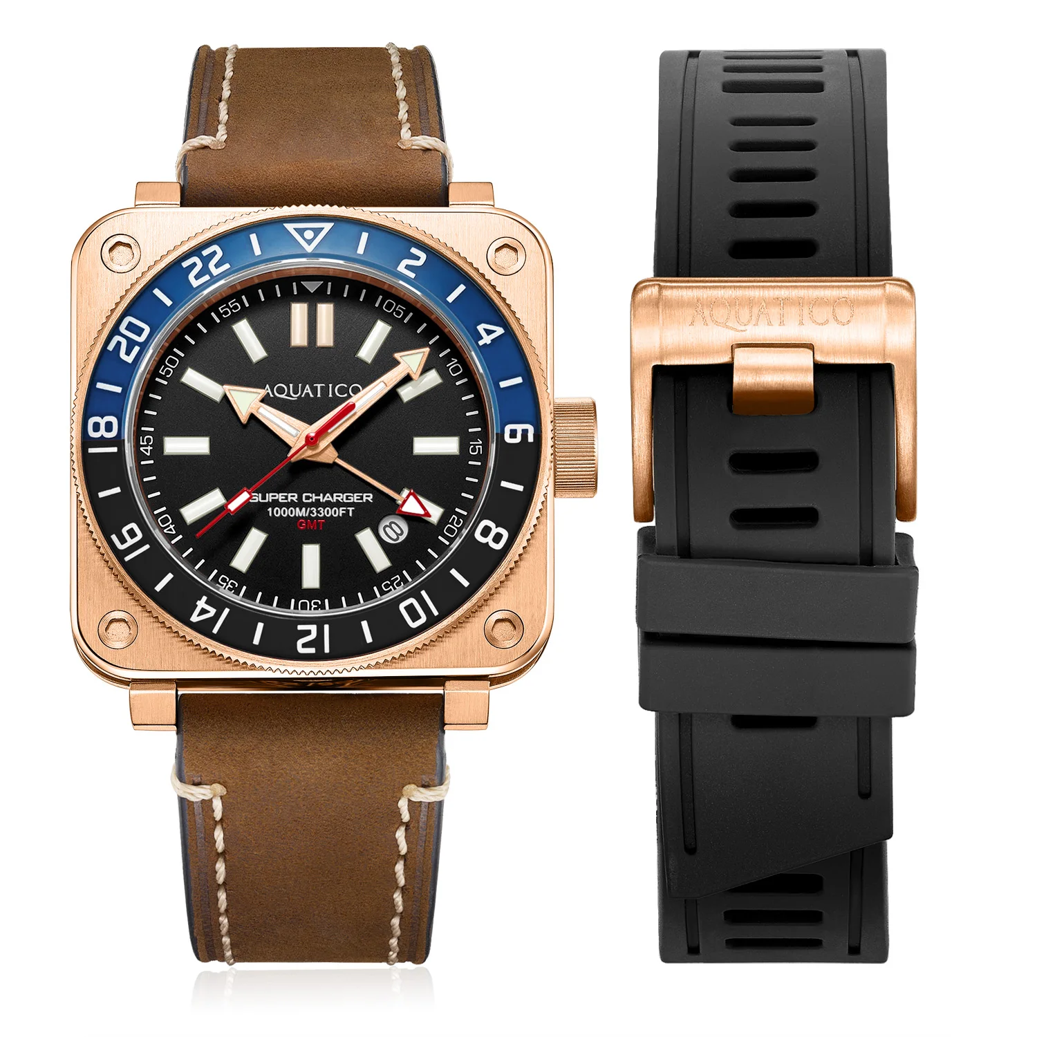Aquatico Super Charger Gmt Watch (Quadrante Nero Batman Bezel)