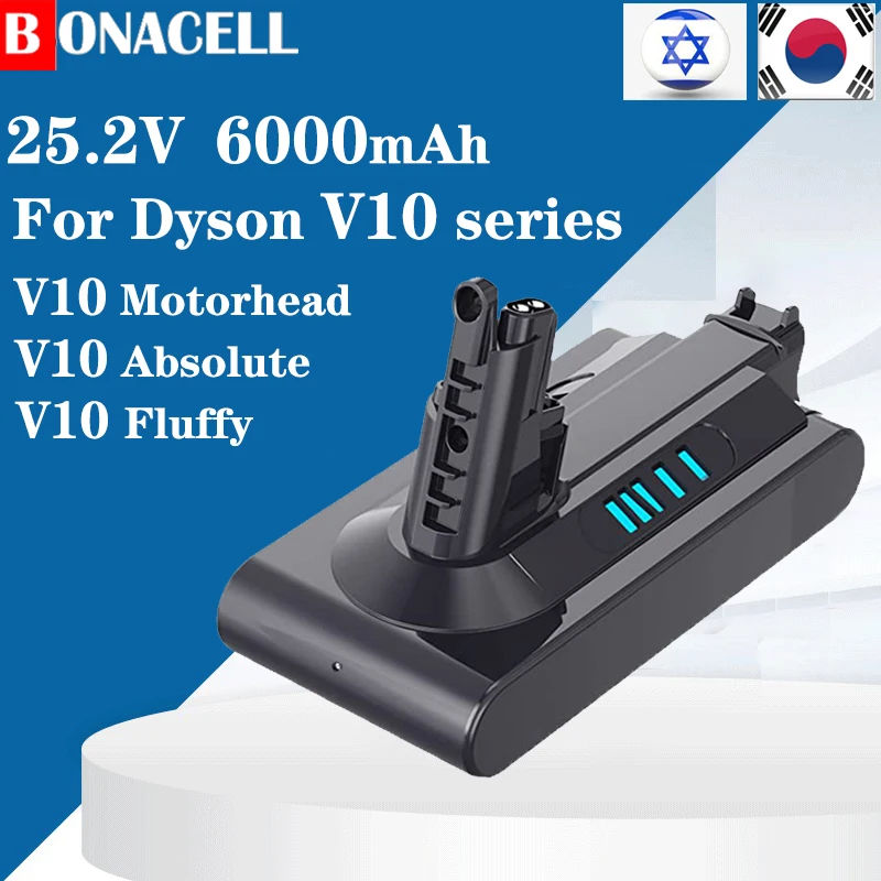 Bonacell Aspirapolvere 25.2V 6000Mah Batterie Per Dyson V10 Series V10 Absolute,V10 Fluffy,Cyclone V10 Motorhead Handheld