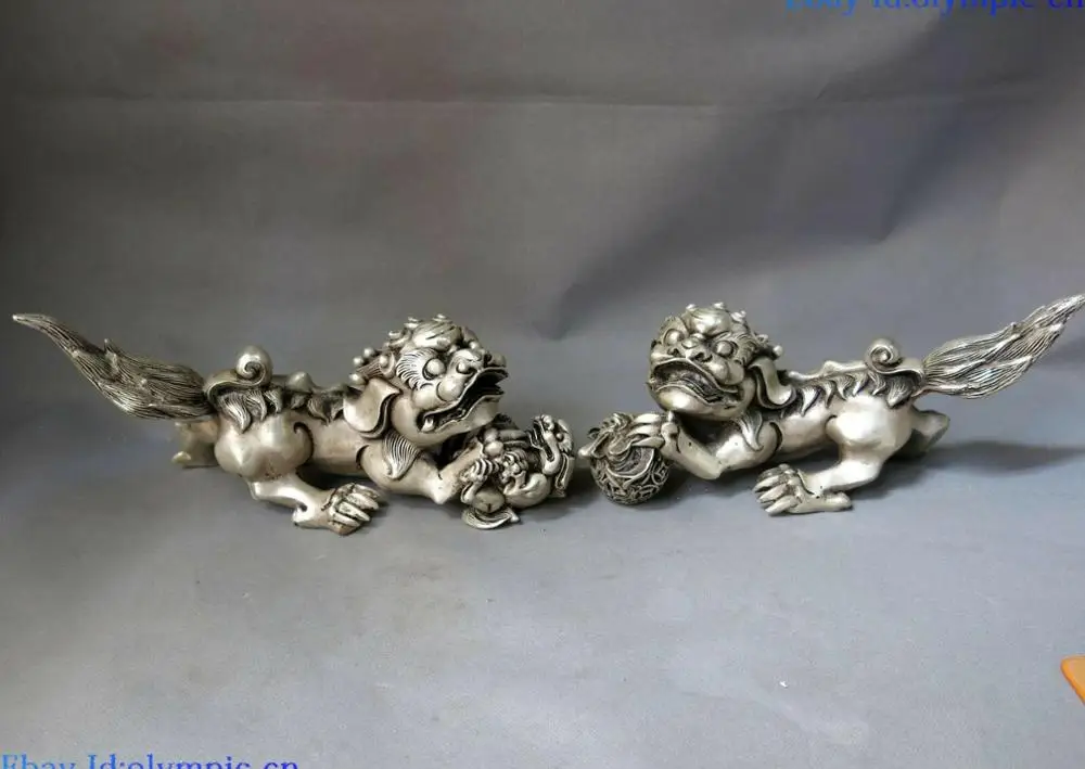 Cina Argento Intagliato Feng Shui Fortunato Scultura Guardia Foo Dogs Lions Coppia Statua