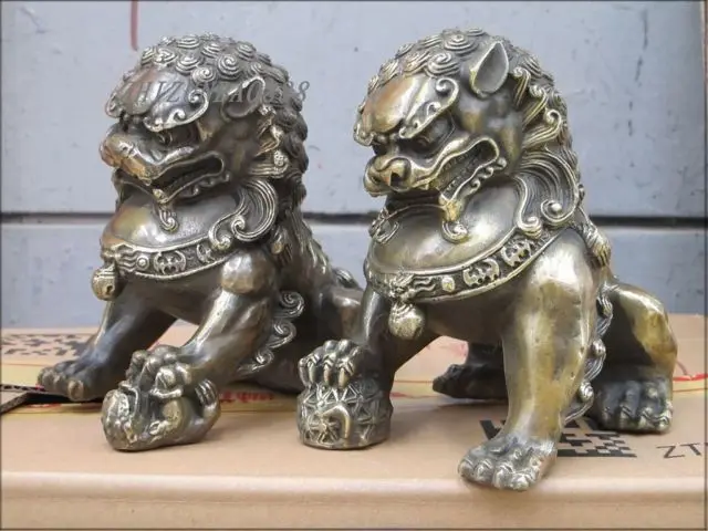 China Bronze Double Lion King Door Keeper Guard Foo Dog Lion Animal Pair Decorazione Del Giardino 100% Vero Ottone Bronzo
