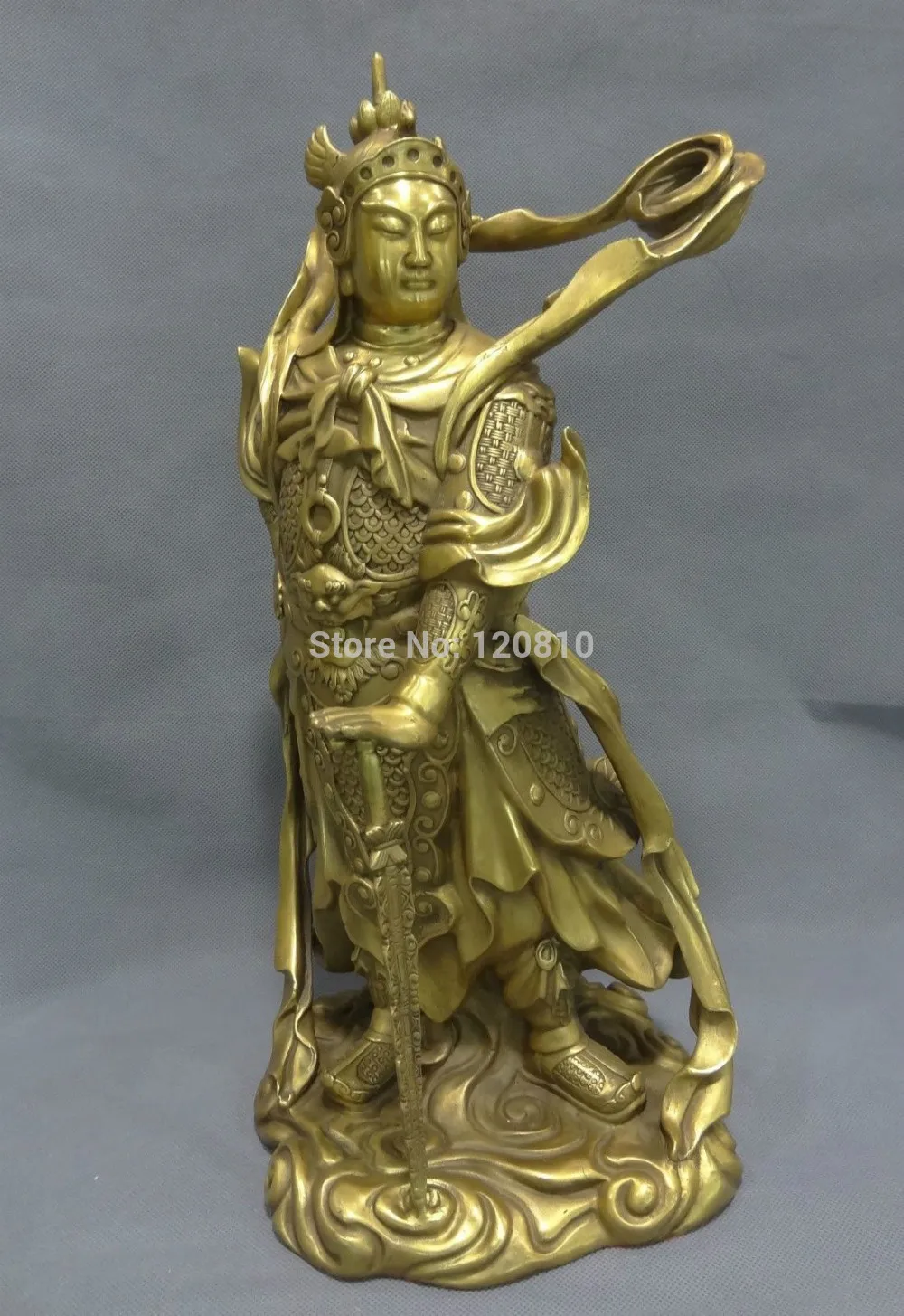 45Cm 18 "Cina Ottone Puro Fengshui Warrior Lion Head Guard Wei Tuo Skanda God Statue