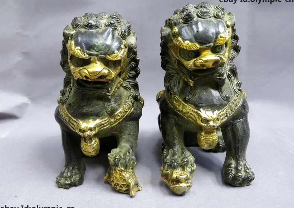 Cina Bronzo Dorare Rame Feng Shui Porta Di Protezione Foo Dogs Lions Coppia Statue