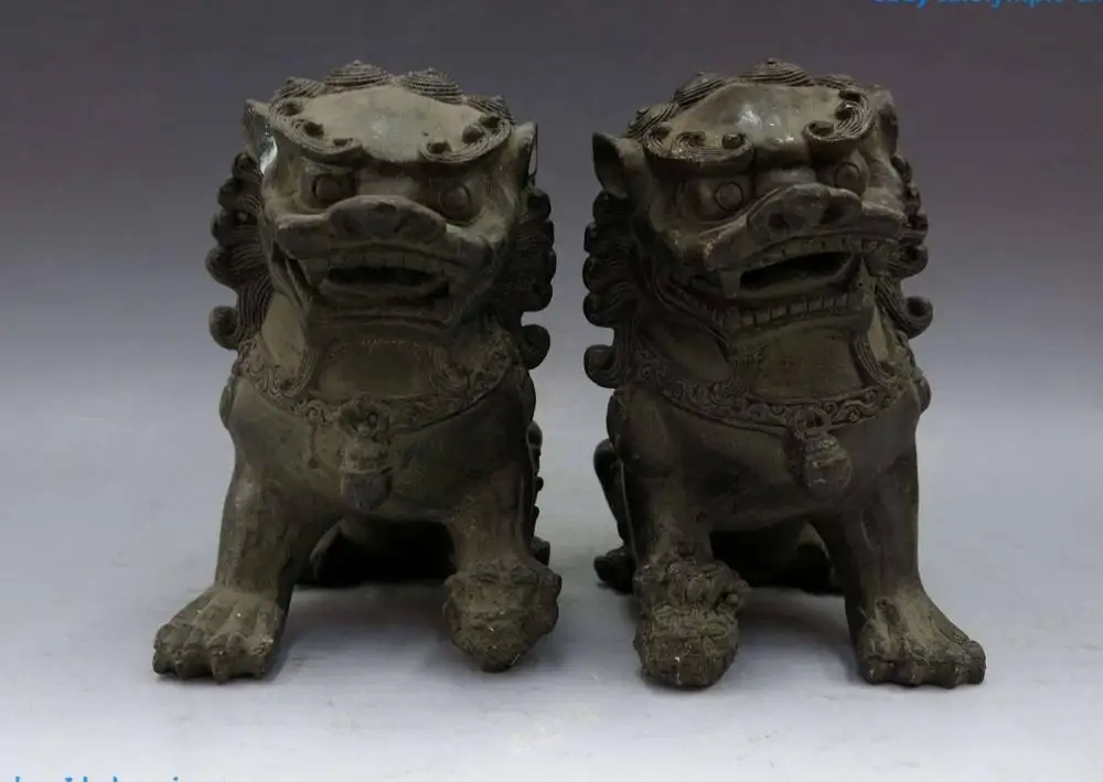 Cina Old Branze Rame Belle Fedeltà Guardia Foo Dogs Lion Pair Scultura Statue