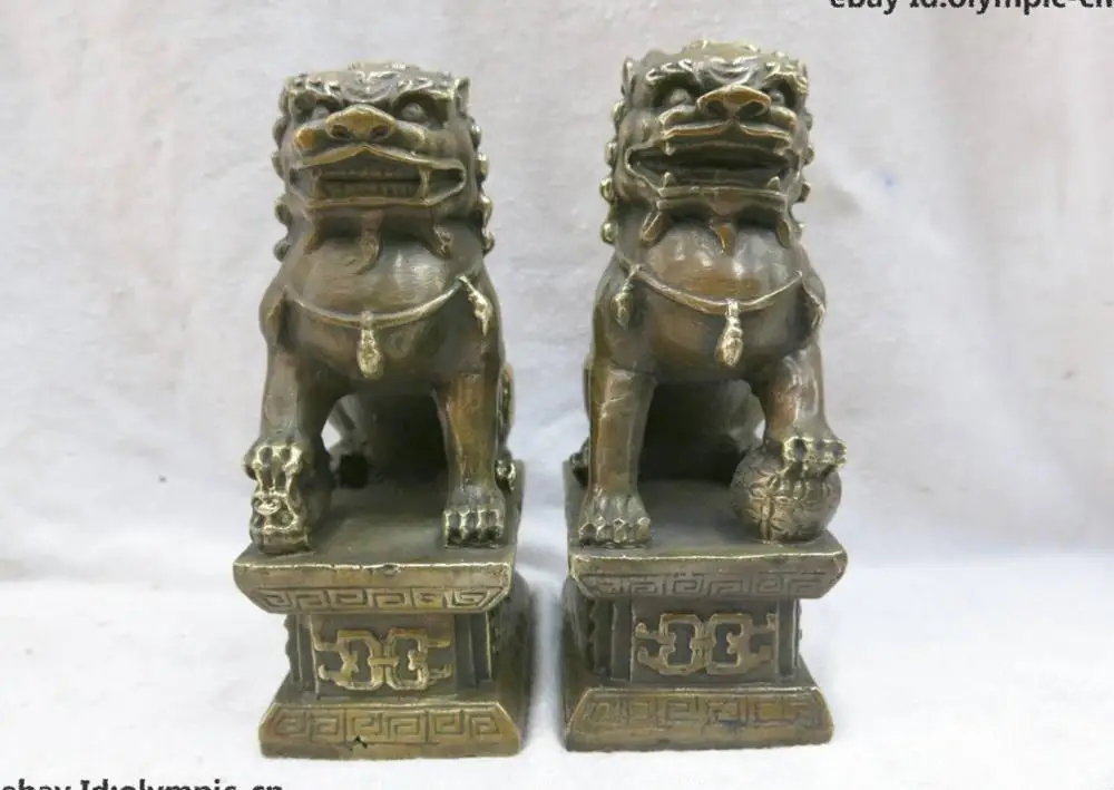 6 "La Cina Feng Shui Ottone Rame Guardia Fortunato Foo Dogs Lions Coppia Statua