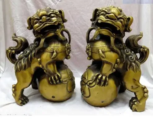 13 "China Brass Copper Guard Foo Dogs Lions Play Bead Pair Statue Di Sculture