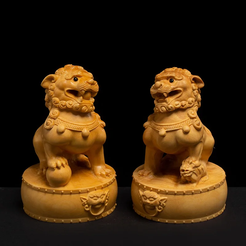 Chinese Wood Animal Feng Shui Home Guard Dog Lion Town House Statue Decor Decoration Craft Statues And Sculptures