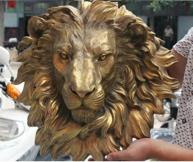 Palazzo Display Fengshui Cinese Folk Pure Brass Guard King Lion Head Mask Statue