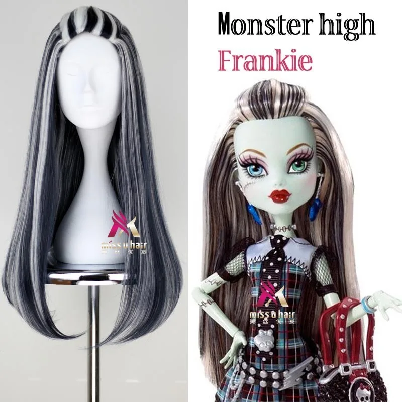 Nuova Parrucca Oreie Monster High Frankie Parrucche Cosplay 65Cm Nero Mix Bianco Halloween Party Parrucca Sintetica Cosplay + Cappellino Parrucca