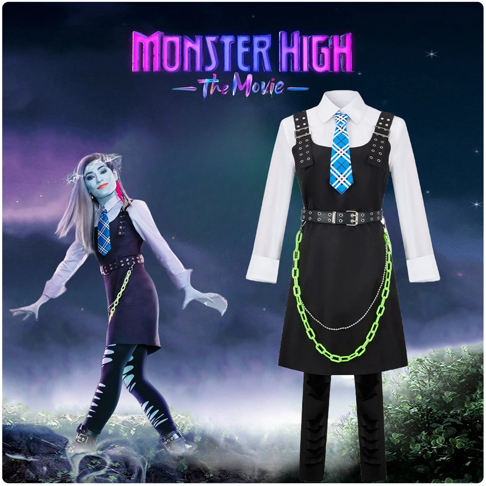 Monster High Franky Stein Costume Cosplay Pantaloni Accessorio Vestito Con Spalline Halloween Carnival Roleplay Dress