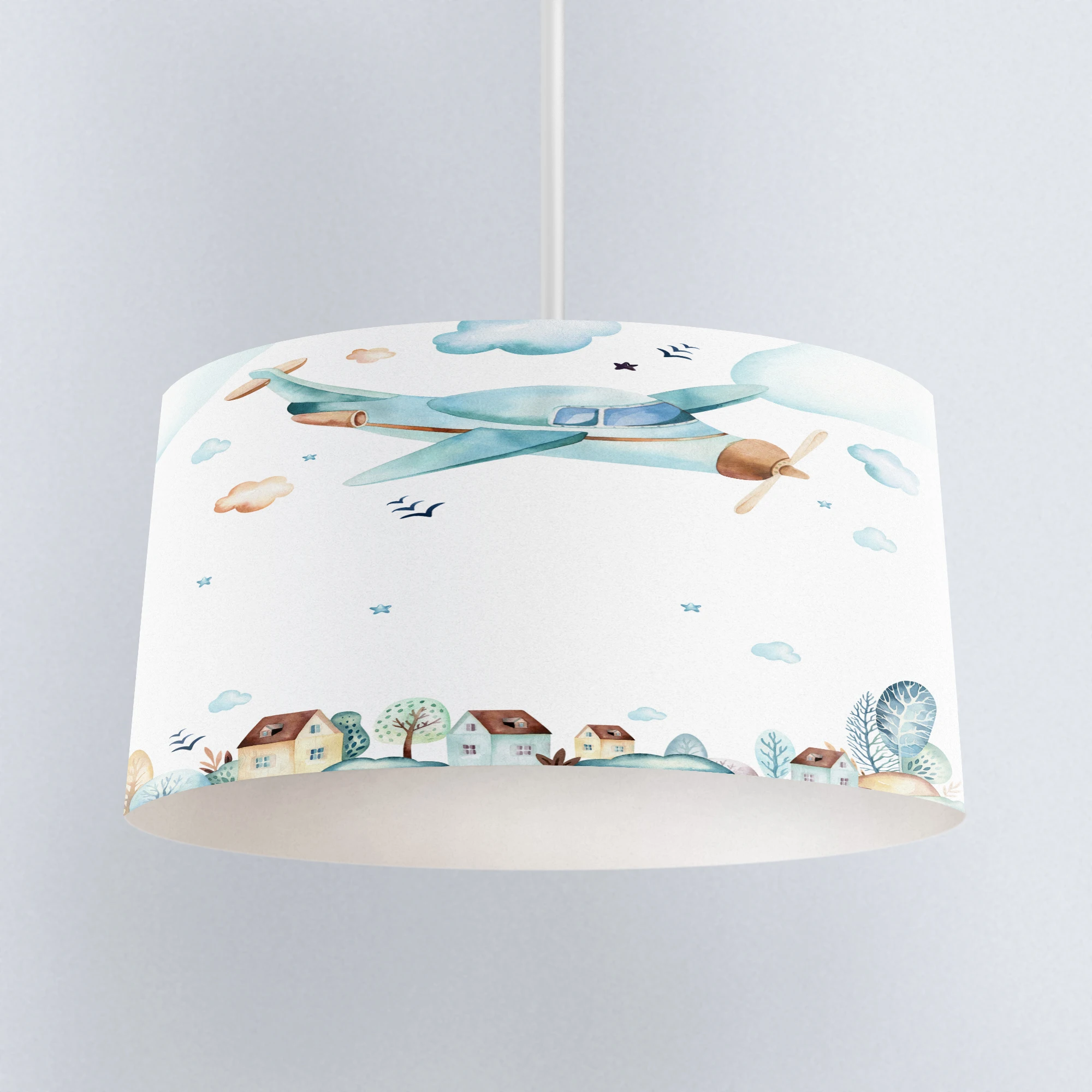 Altro Blue Air Plane Clouds City Town Print Fabric Kids Chandelier Lamp Drum Paralume Floor Plafoniera A Sospensione