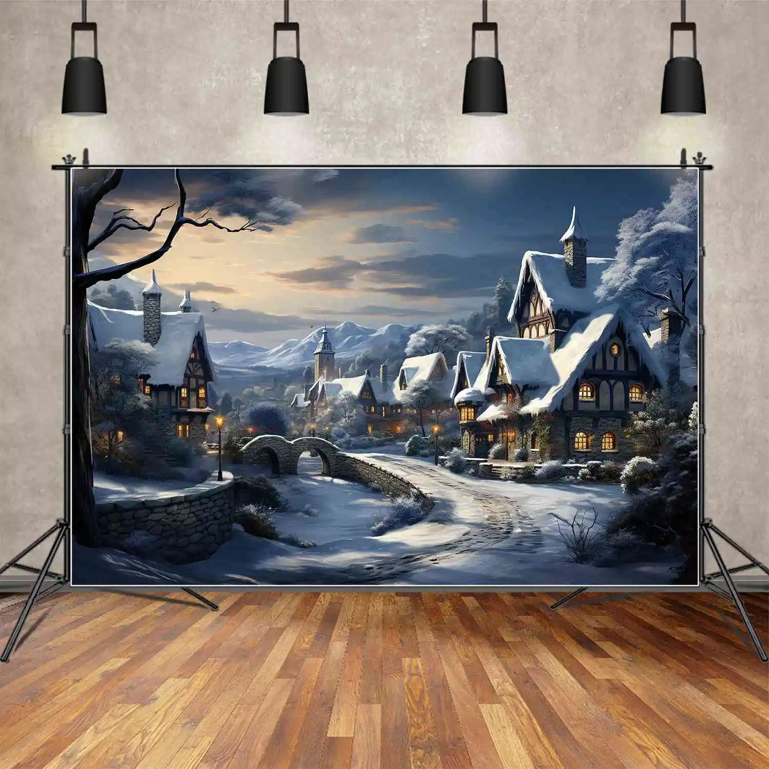 Moon.Qg Photography Fondale Christmas Village Lights Decorazione Della Città Puntelli Sfondi Snow Road Mountains Studio Photo Booth