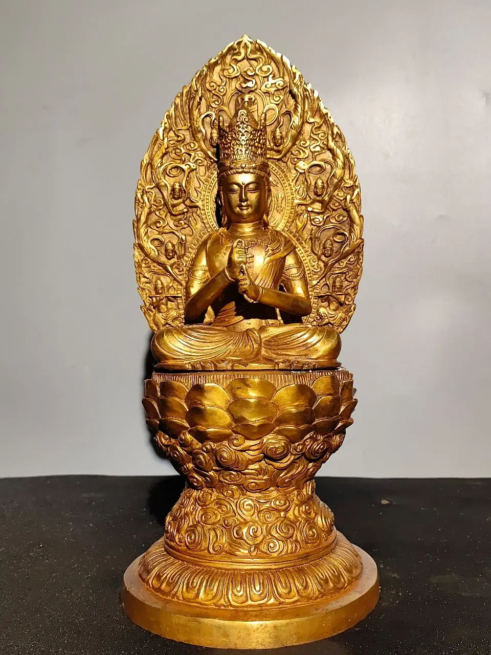 14 "Collezione Tempio Tibetano Old Bronze Gilt Great Sun Buddha Sakyamuni Seduto Buddha Back Light Lotus Ornaments Town House