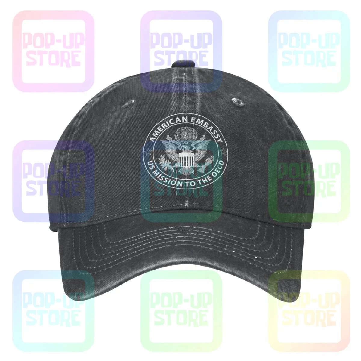 State Dept Us Embassy Mission To The Oecd Washed Denim Berretto Da Baseball Cappelli Da Camionista Rare Alta Qualità