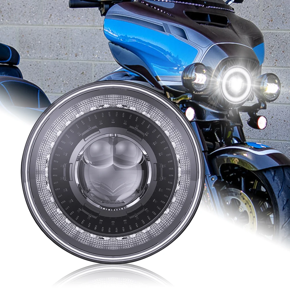 Fari A Led Universali Da 7 Pollici Per Harley Touring Road King Yamaha V-Star Xvs 650 1100 Con Anello Halo Angel Eye Drl, Indicatori Di Direzione