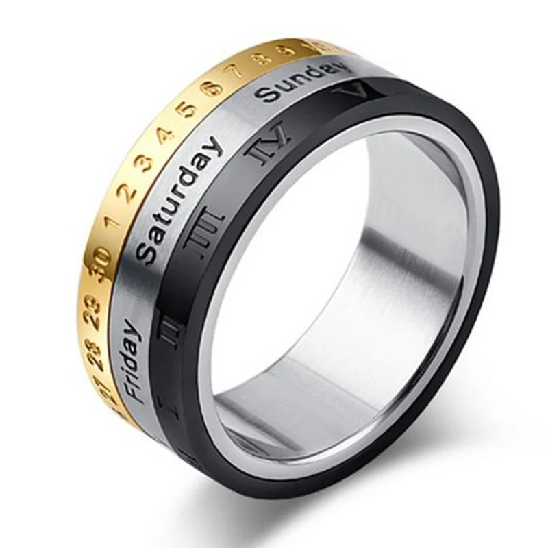 Uomo Titanio Acciaio Punk Girevole Spinner Data Ora Calendario Numeri Romani Dito Ansia Fidget Ring Fashion Party For Women