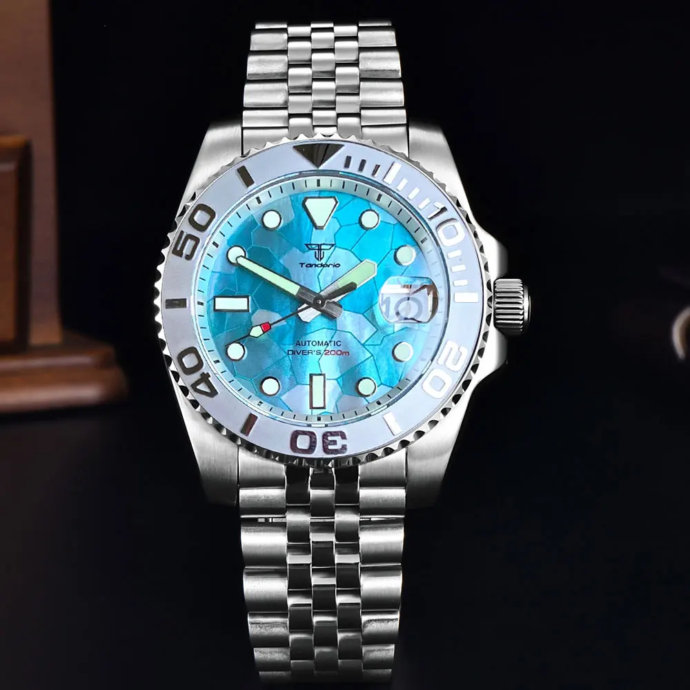 40Mm Diver Luxury Tandorio Mop Ice Blue Dial Nh35 Orologio Meccanico Uomo White Chapter Ring Bracciale Jubilee Cyclops 38Mm Insert