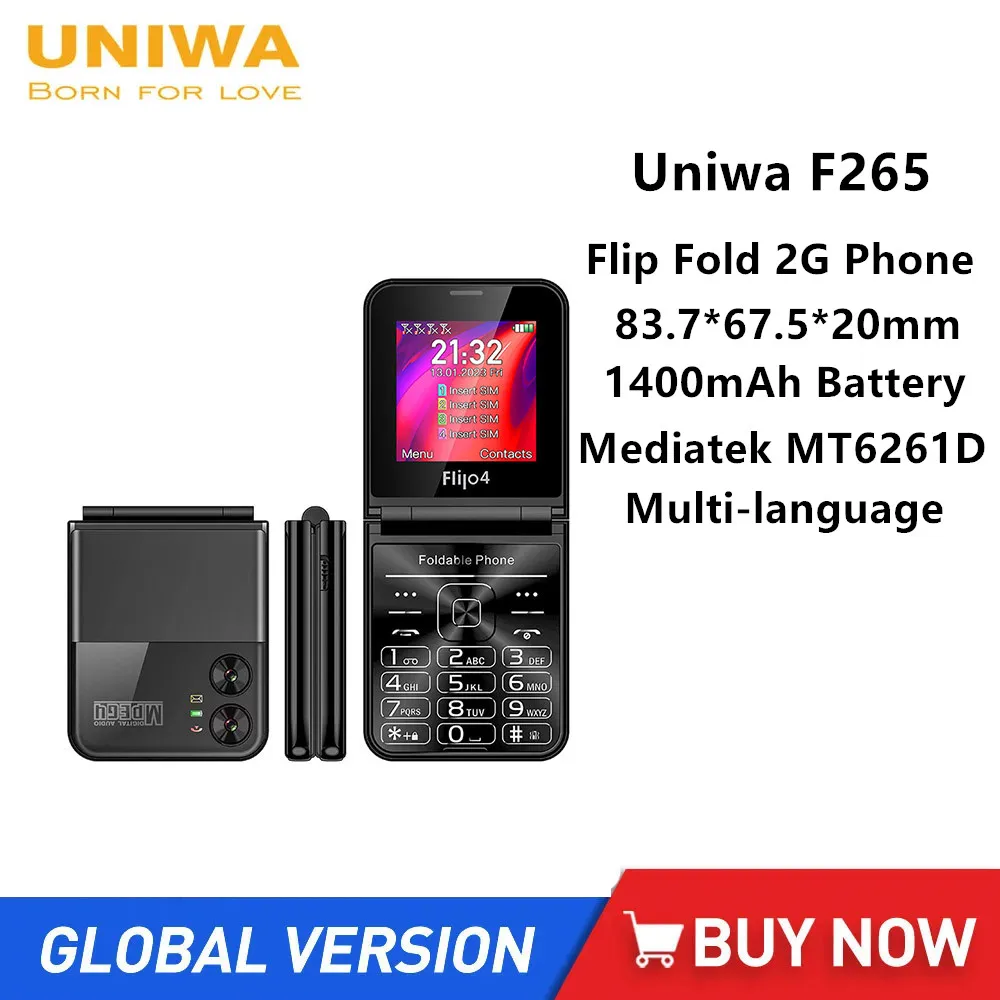 Uniwa F265 Fold Flip Phone Dual Screen Single Nano Big Push-Button 2G Cellulare Per Anziani 1400Mah Batteria Tastiera Inglese