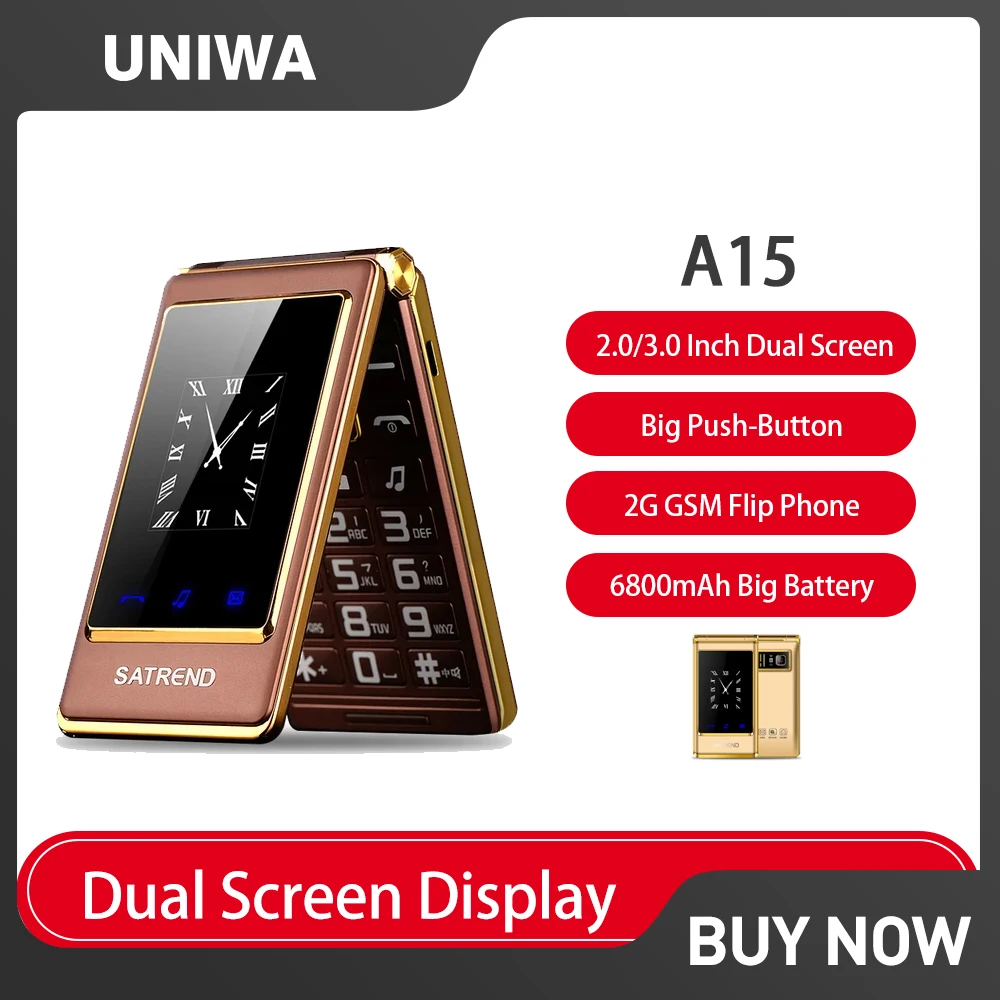 Uniwa A15 2G Gsm Flip Phones Big Push-Button Feature Phone 2.0/3.0 Pollici Dual Screen Dual Sim Dual Standby Cellulari Per Anziani