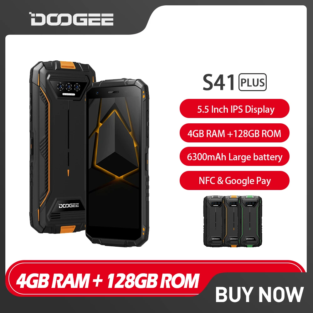 Doogee S41 Plus Rugged Phones 5.5 Pollici Spreadtrum T606 4Gb + 128Gb 13Mp Ai Camera Android 13 Cellulare 6300Mah 4G Cellulare Nfc