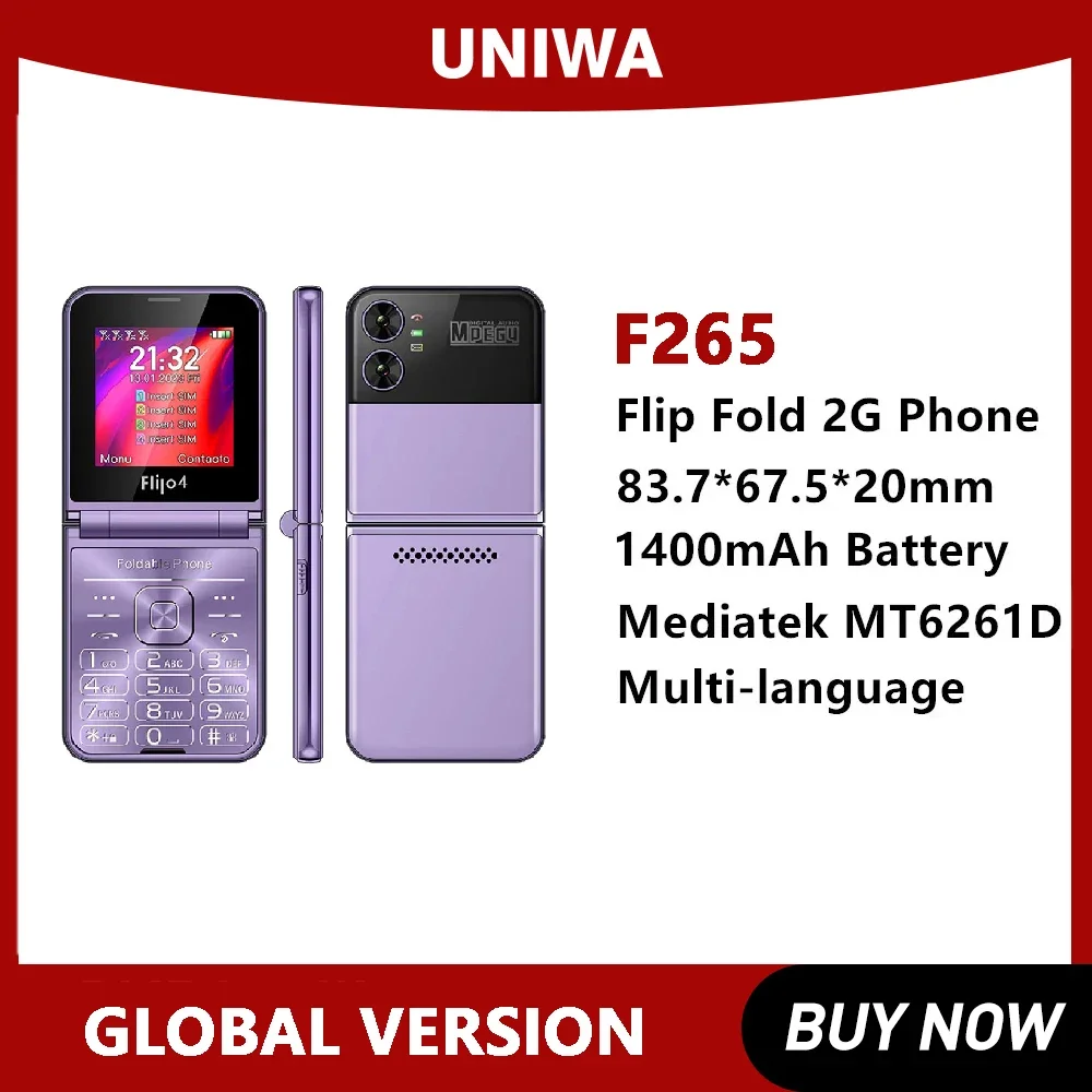 Uniwa F265 Fold Flip Phone 2G Cellulare Per Anziani Dual Screen Single Nano Big Push-Button 1400Mah Batteria Tastiera Inglese