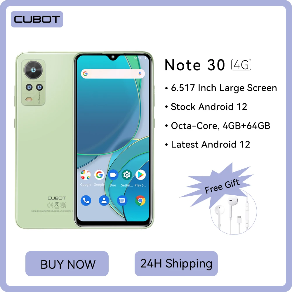 Cubot Note 30, 4G Telefoni Cellulari In Offerta, Smartphone Android 12, Octa-Core, 4 Gb+64 Gb (256 Gb Estesi), Schermo Da 6.517 Pollici, 4000 Mah, 20 