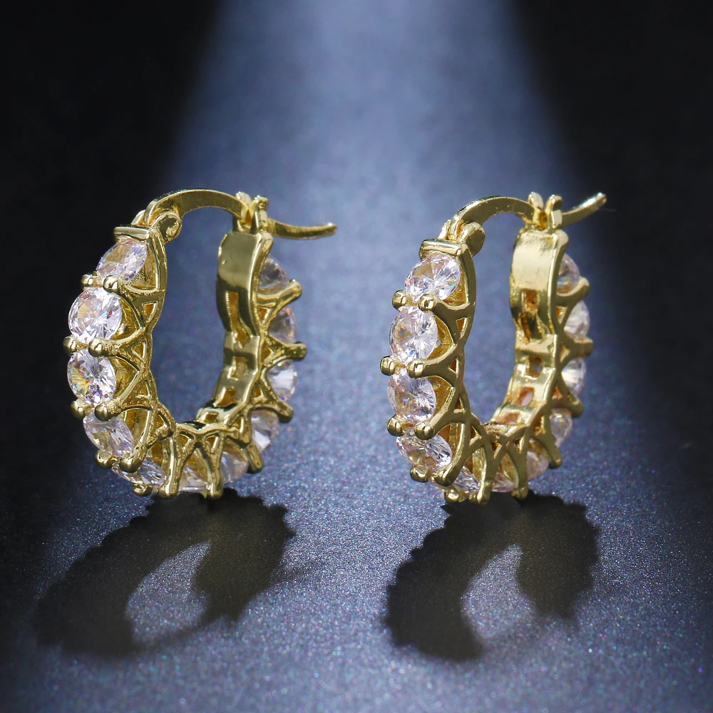 Sugo New Arrival Fashion Personality Hollow Embedded Round Zirconia Gold Color Hoop Earrings For Trend Women Dinner Jewelry