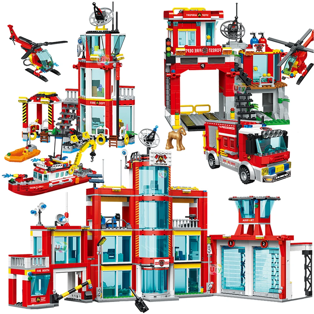 City Fire Station Ladder Truck Helicopter Car Rescue Boat Firefighter Figure Aircraft Model Moc Building Blocks Toy For Boy Gift