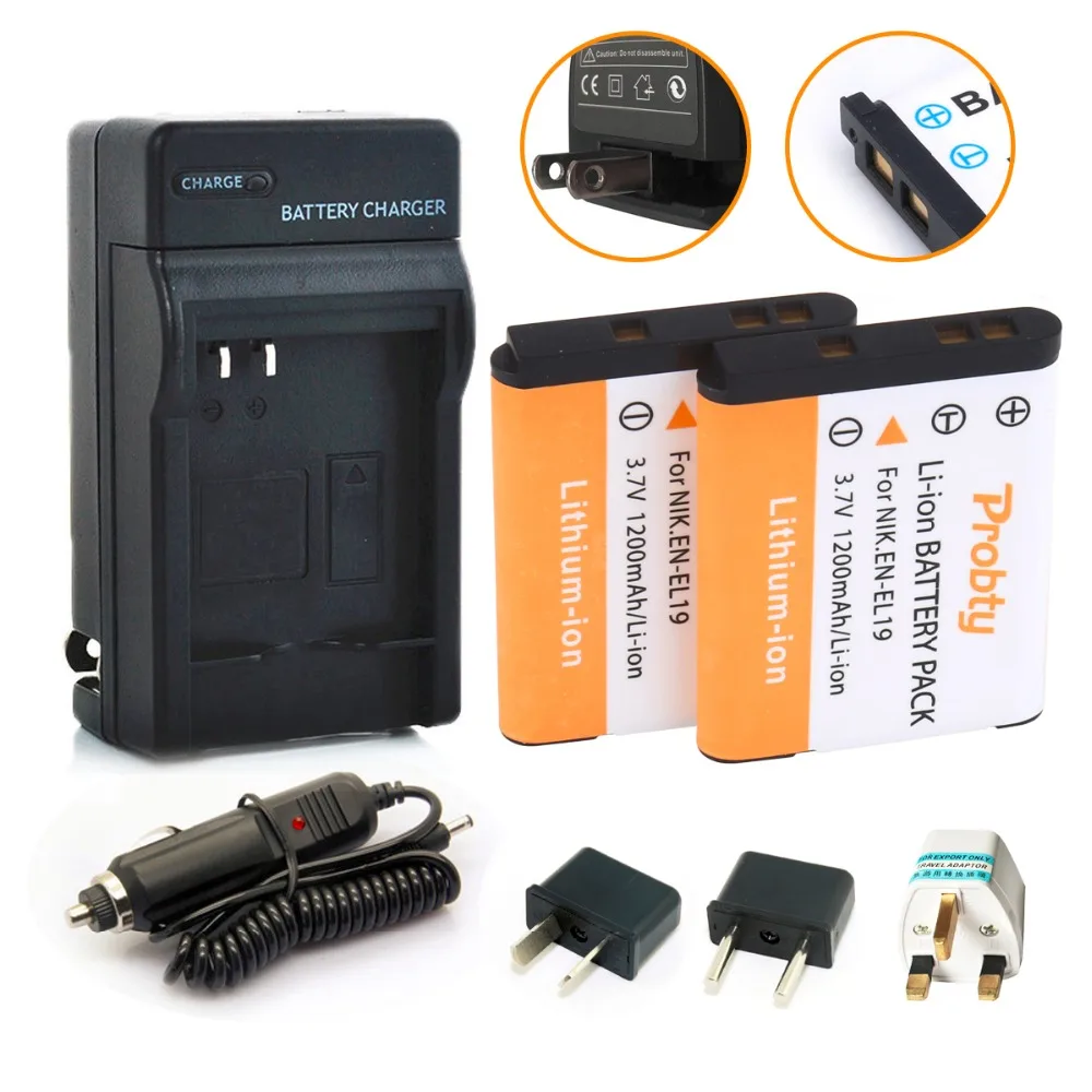 Probty 2Pcs En El19 Enel19 Batteria + Caricabatterie Per Nikon Coolpix S2500 S3100 S3200 S3300 S3500 S4100 S4150 S6500