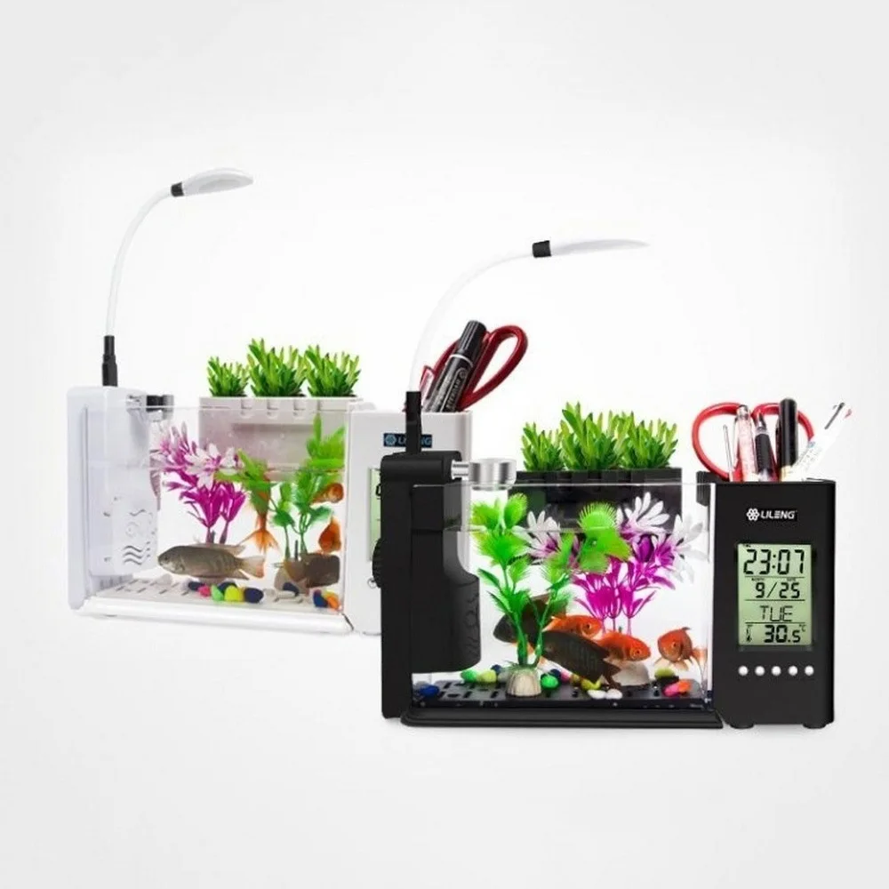 Mini Acquario Per Pesci In Plastica Acquario Illuminazione A Led Serbatoi Per Pesci Usb Betta Con Portapenne Schermo Lcd E Orologio Acquario