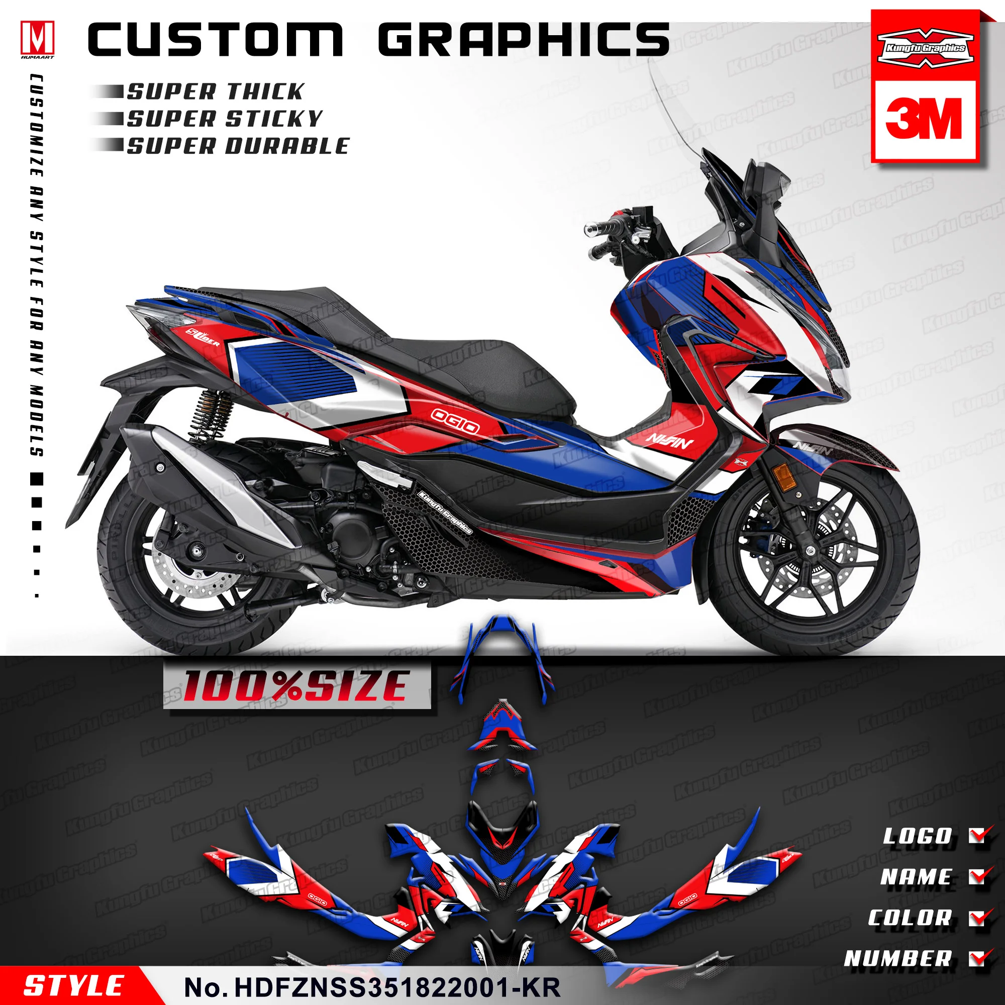 Kungfu Graphics Moto Sticker Vinyl Decal Kit Per Honda Forza Nss 350 Scooter 2018 2019 2020 2021 2022, Blu Rosso