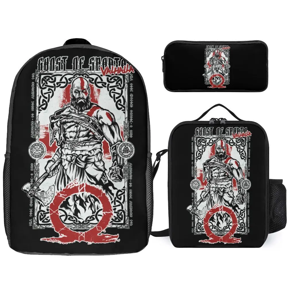 God Of War Rune 4 Secure Comodo Zaino 3 In 1 Set 17 Pollici Zaino Pranzo Borsa Penna Picnic Vintage