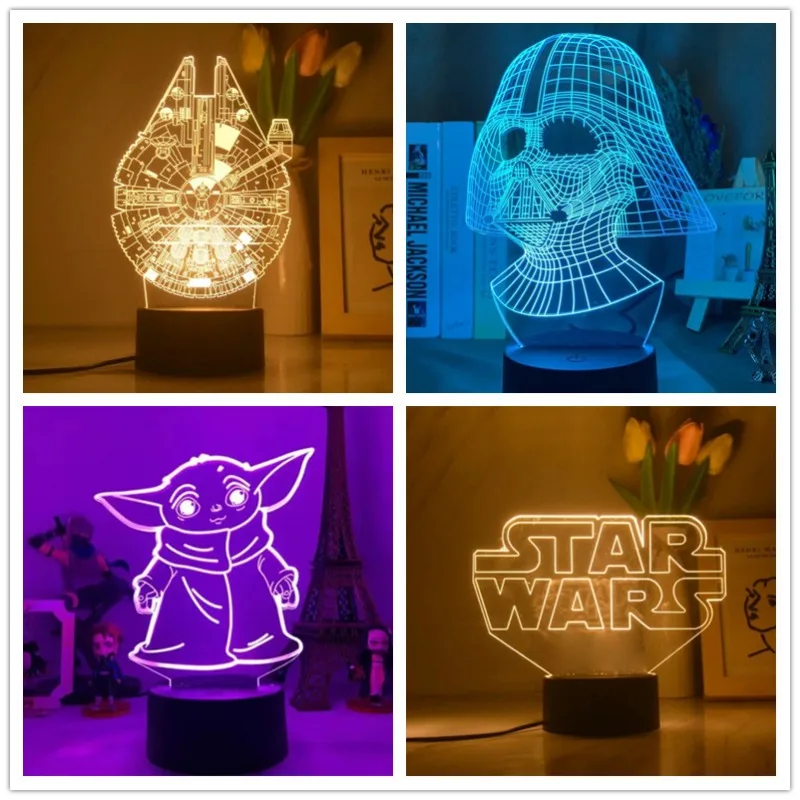 Anime Figures Star Wars Lampada 3D Led Illusion Night Light Yoda Baby Lampara For Kids Bedroom Decor Nightlight Manga Lampada Da Tavolo