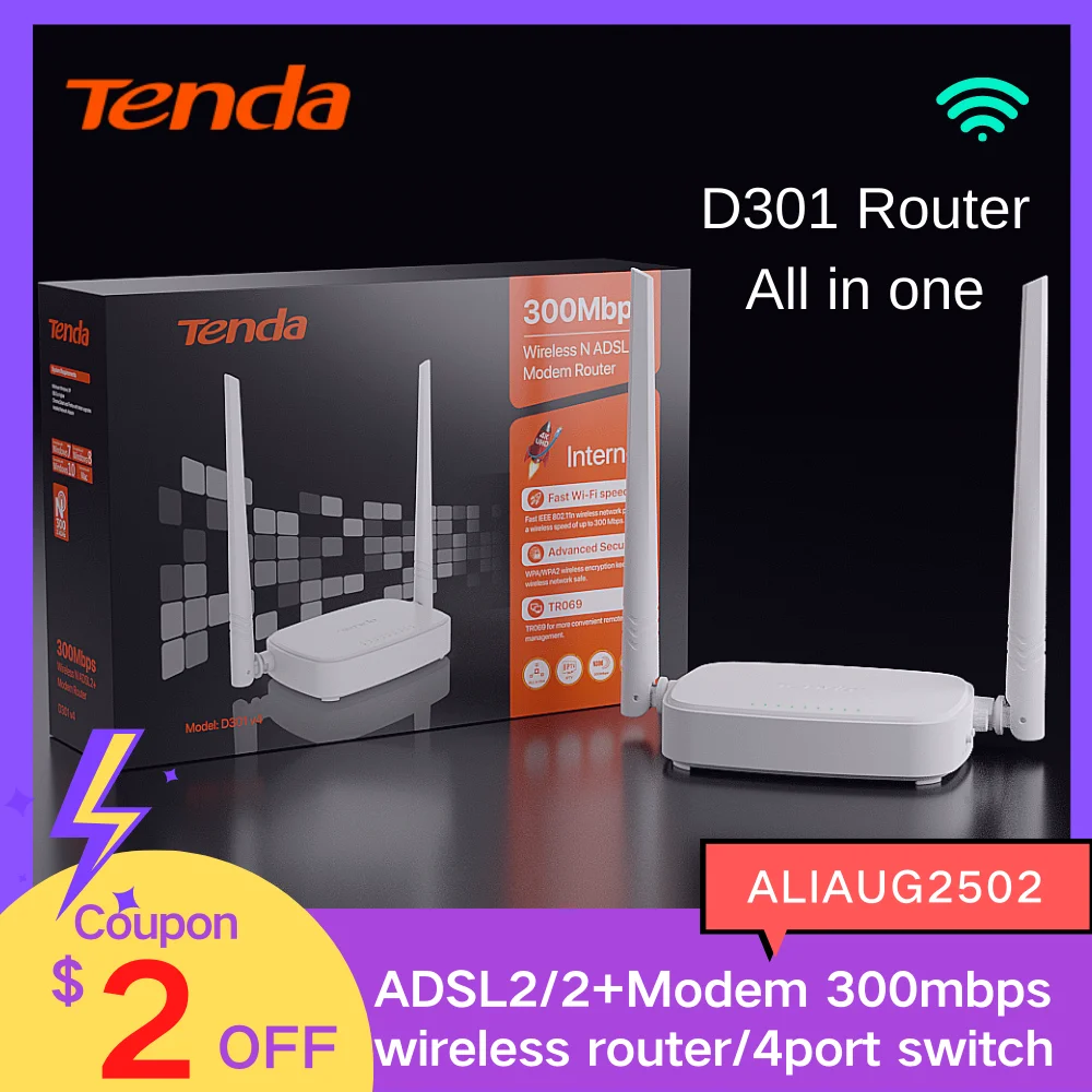 Tenda D301 Router Wireless 300Mbps Wifi Adsl Modem Router Network Gigabit 4P Switch All In Wifi Router Supporto Ethernet Wan Iptv