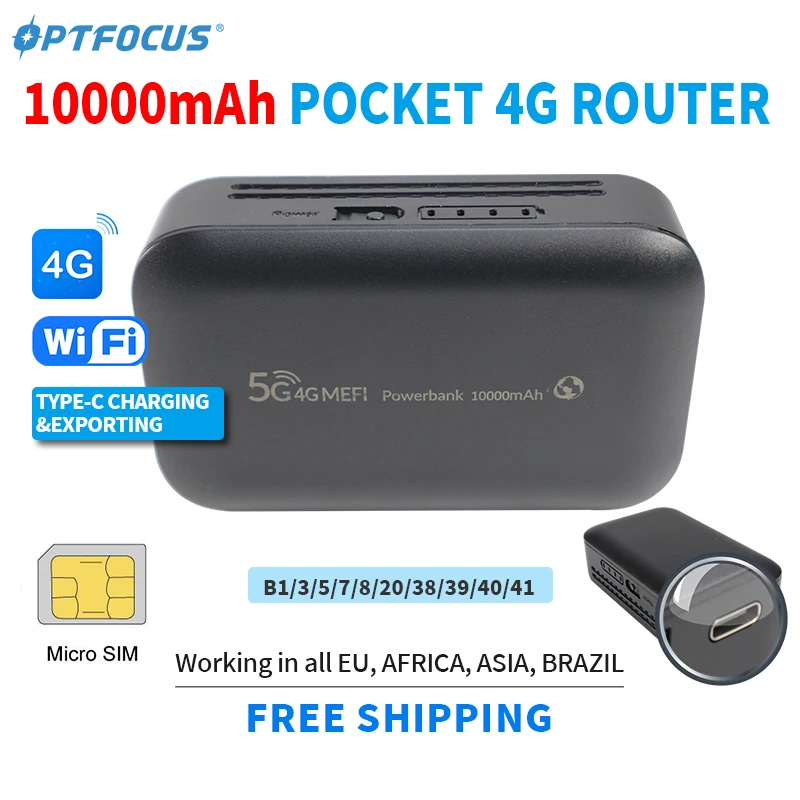 Optfocus 4G Lte Modem Portatile Router Wireless Powerbank Usb Typec 4G Sim Card 10000Mah Modem Mifi 4G Mini Pocket Wifi Hotspot