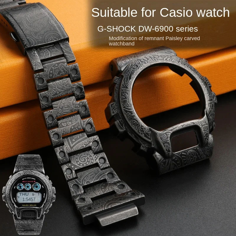 Per Casio G-Shock Cinturino Per Cassa Dell'Orologio In Metallo Rimontato Dw-6600 Dw6900 Dw6903 Cinturino Per Orologio Intagliato Antico In Acciaio Ino