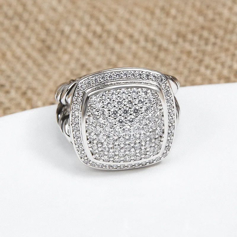 2023 Dy Cross Border Square 17Mm Zircone Imitazione Diamante Stile Europeo E Americano Twisted Wire 925 Silver Ring Gift