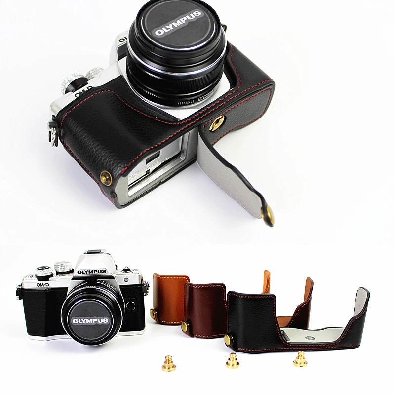 Nuovo Cuoio Genuino Metà Corpo Camera Case Borsa Per Olympus Em10 Ii Em10-Ii Em10 Mark 2 Fondello Batteria Aperto
