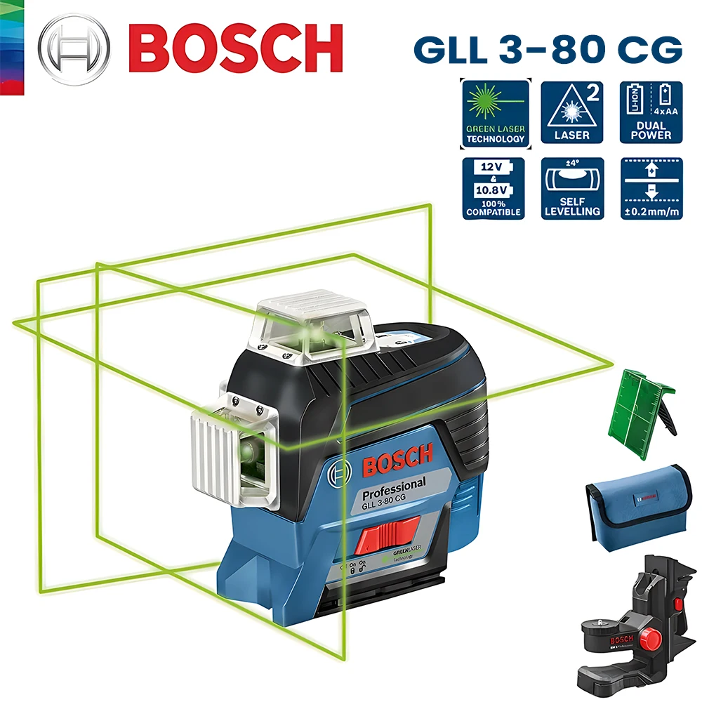 Bosch Gll 3-80 Cg Laser Level 12 Line Laser Green Projection Meter Bluetooth Remote Control Strumento Di Misurazione Laser Autolivellante