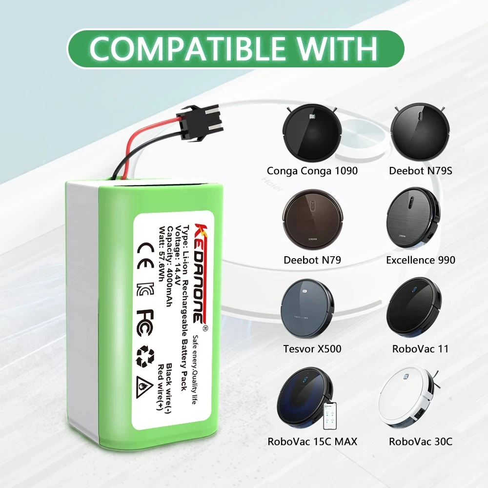 Batteria Agli Ioni Di Litio 14.4V 4000Mah Per Conga Excellence 990 Ecovacs Deebot Eufy Robovac 11 Robovac 30 Tesvor Ikohs Netbot Shark Robot
