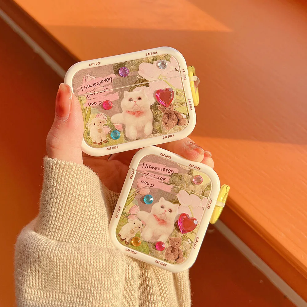 Retro Garden Cat Fai Da Te Heart Sticker Flower Illustration Custodie Per Apple Airpods 1 2 3 Pro Teddy Bear Auricolare Scatola Di Ricarica Fundas