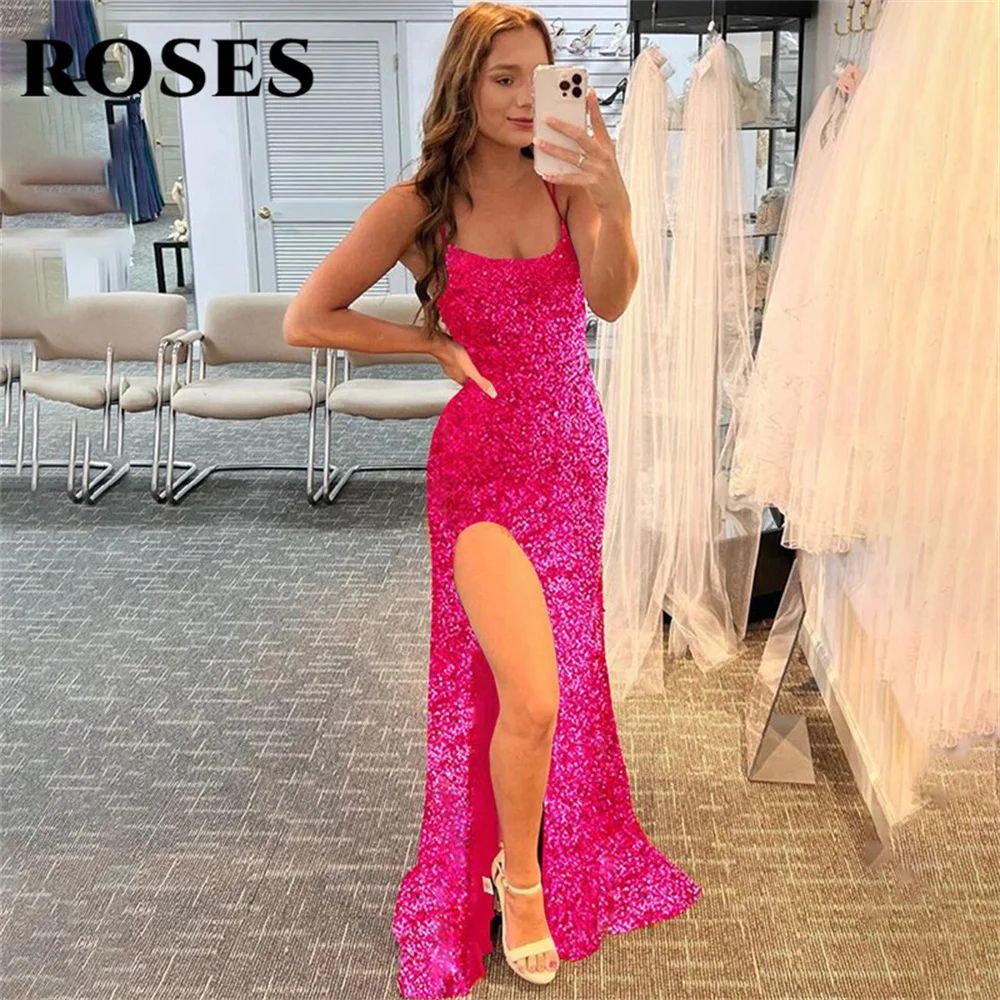 Rose Side Split Mermaid Fucsia Abito Da Sera Abito Glitter Brillante Ball Gown Scoop Spaghetti Strap Night Gown Robes De Soirée